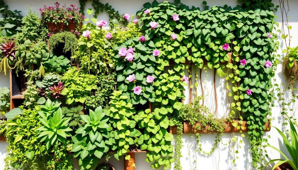 A lush vertical garden composed of various thriving plants, trailing vines, and lush foliage, arranged in a visually striking and economical manner. The foreground showcases a mix of succulents, herbs, and leafy greens cascading down a modular planter system made of recycled materials. The middle ground features a mix of flowering plants and trailing ivy, creating a captivating tapestry of colors and textures. The background is a simple, uncluttered wall, allowing the vibrant greenery to take center stage. The lighting is soft and natural, casting gentle shadows and highlighting the three-dimensional depth of the layered plants. The overall impression is one of an inviting, low-cost vertical garden that exudes charm and sustainability. A lush vertical garden composed of various thriving plants, trailing vines, and lush foliage, arranged in a visually striking and economical manner. The foreground showcases a mix of succulents, herbs, and leafy greens cascading down a modular planter system made of recycled materials. The middle ground features a mix of flowering plants and trailing ivy, creating a captivating tapestry of colors and textures. The background is a simple, uncluttered wall, allowing the vibrant greenery to take center stage. The lighting is soft and natural, casting gentle shadows and highlighting the three-dimensional depth of the layered plants. The overall impression is one of an inviting, low-cost vertical garden that exudes charm and sustainability.