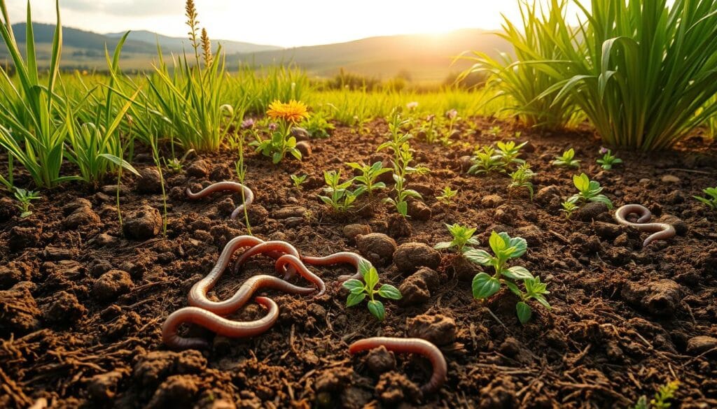 A lush, vibrant field of healthy, regenerative soil teeming with life. In the foreground, a close-up view of the rich, dark earth, its texture teeming with earthworms, microorganisms, and an intricate web of plant roots. The middle ground showcases a diverse array of thriving vegetation, with verdant grasses, wildflowers, and robust, verdant plants. In the background, a picturesque landscape with rolling hills and a warm, golden light that illuminates the scene, conveying a sense of abundance, vitality, and the true essence of a thriving, regenerative ecosystem. Crisp, high-resolution details with a natural, documentary-style composition that captures the beauty and complexity of a healthy, living soil. A lush, vibrant field of healthy, regenerative soil teeming with life. In the foreground, a close-up view of the rich, dark earth, its texture teeming with earthworms, microorganisms, and an intricate web of plant roots. The middle ground showcases a diverse array of thriving vegetation, with verdant grasses, wildflowers, and robust, verdant plants. In the background, a picturesque landscape with rolling hills and a warm, golden light that illuminates the scene, conveying a sense of abundance, vitality, and the true essence of a thriving, regenerative ecosystem. Crisp, high-resolution details with a natural, documentary-style composition that captures the beauty and complexity of a healthy, living soil.
