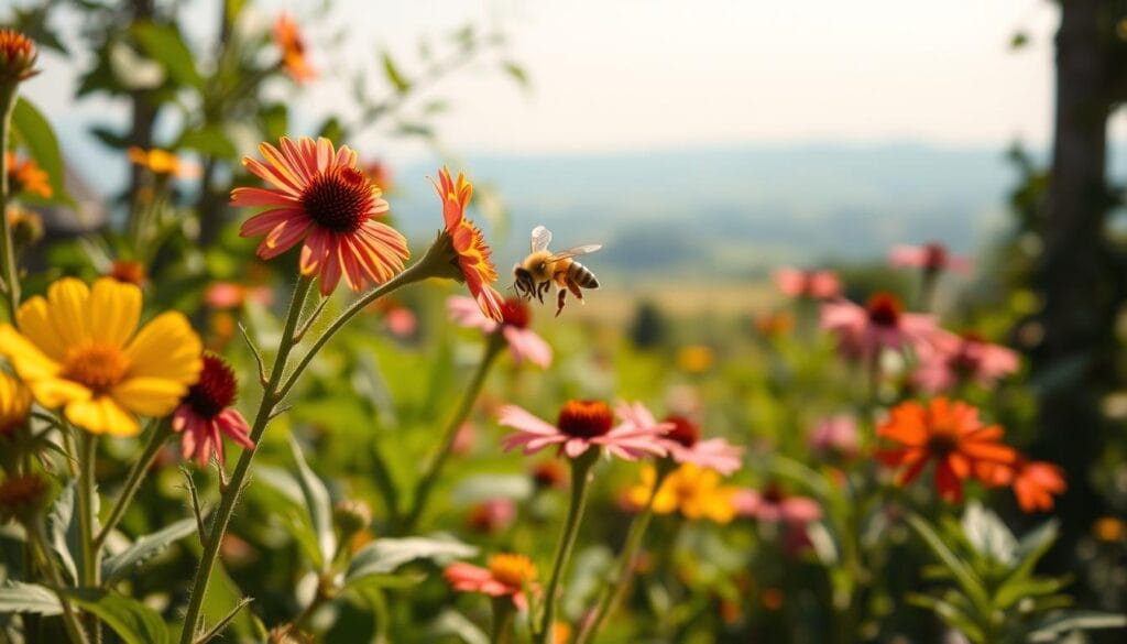A lush, vibrant garden scene depicting the symbiotic relationship between plants and bees. In the foreground, a cluster of colorful flowers sway gently in a warm, natural light, their petals inviting the graceful approach of a honeybee. The bee hovers delicately, its fuzzy body deftly collecting pollen, transferring it from blossom to blossom. The middle ground showcases the verdant foliage of the plants, their leaves rustling softly in a light breeze. In the background, a hazy, out-of-focus landscape provides a serene, tranquil setting, highlighting the harmonious balance between the plant life and the industrious pollinators. The overall mood is one of calm, wonder, and the mutually beneficial exchange that sustains the natural world.