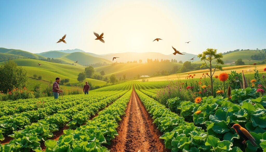 A lush, vibrant landscape showcasing the benefits of sustainable agriculture. In the foreground, a thriving organic farm with rows of healthy crops, accompanied by happy, hardworking farmers tending to the land. The middle ground features a diverse array of flora and fauna, including pollinator-friendly flowers, birds, and other wildlife, all coexisting in harmony. The background depicts rolling hills, a clear blue sky, and the sun's warm, golden rays filtering through, creating a serene and inviting atmosphere. The scene conveys a sense of environmental balance, where nature and human activities work in symbiosis, promoting a sustainable and fruitful agricultural system. A lush, vibrant landscape showcasing the benefits of sustainable agriculture. In the foreground, a thriving organic farm with rows of healthy crops, accompanied by happy, hardworking farmers tending to the land. The middle ground features a diverse array of flora and fauna, including pollinator-friendly flowers, birds, and other wildlife, all coexisting in harmony. The background depicts rolling hills, a clear blue sky, and the sun's warm, golden rays filtering through, creating a serene and inviting atmosphere. The scene conveys a sense of environmental balance, where nature and human activities work in symbiosis, promoting a sustainable and fruitful agricultural system.