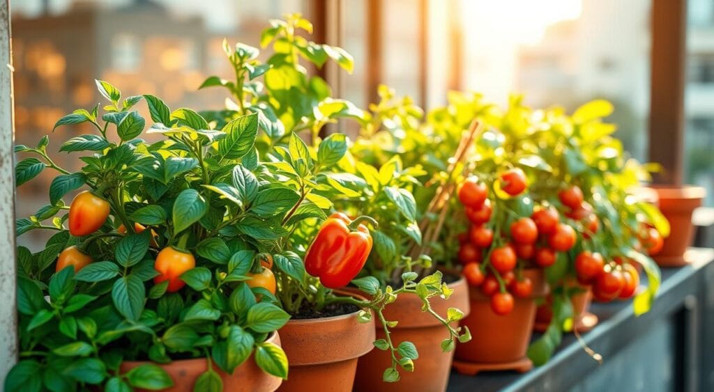 A lush, vibrant mini-garden featuring an array of fast-growing vegetables thriving in small pots on a sun-dappled balcony or windowsill. Compact leafy greens, colorful bell peppers, and plump cherry tomatoes cascade from terracotta vessels, their verdant foliage bathed in warm, golden-hour light. The scene exudes a sense of urban productivity and self-sufficiency, showcasing how even the most limited spaces can be transformed into a bountiful, space-efficient micro-farm. Crisp, high-resolution details reveal the texture of the soil, the delicate veining of the leaves, and the glistening surface of the ripe produce, inviting the viewer to imagine the fresh flavors and nutritional benefits of these thriving, homegrown horticultures. A lush, vibrant mini-garden featuring an array of fast-growing vegetables thriving in small pots on a sun-dappled balcony or windowsill. Compact leafy greens, colorful bell peppers, and plump cherry tomatoes cascade from terracotta vessels, their verdant foliage bathed in warm, golden-hour light. The scene exudes a sense of urban productivity and self-sufficiency, showcasing how even the most limited spaces can be transformed into a bountiful, space-efficient micro-farm. Crisp, high-resolution details reveal the texture of the soil, the delicate veining of the leaves, and the glistening surface of the ripe produce, inviting the viewer to imagine the fresh flavors and nutritional benefits of these thriving, homegrown horticultures.