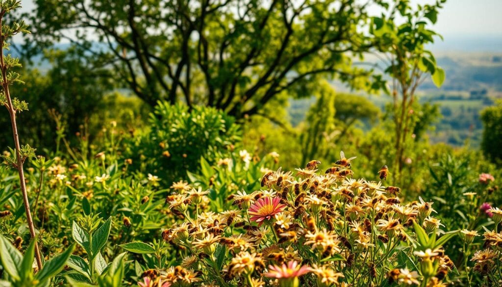 A lush, vibrant scene depicting a colony of stingless bees, known as "abelhas sem ferrão," in their natural habitat. The foreground features a swarm of these small, fuzzy pollinators gracefully moving between the delicate flowers of a diverse array of native plants. Their gentle movements and harmonious buzzing create a sense of tranquility and balance. In the middle ground, the verdant foliage of trees and shrubs provides a sheltered environment for the bees to thrive. The background gradually fades into a hazy, sun-dappled landscape, conveying a serene and natural atmosphere. Soft, warm lighting illuminates the scene, highlighting the intricate details of the bees and the lush, vibrant vegetation. This image captures the essential role these remarkable insects play in maintaining the rich biodiversity of their ecosystem. A lush, vibrant scene depicting a colony of stingless bees, known as "abelhas sem ferrão," in their natural habitat. The foreground features a swarm of these small, fuzzy pollinators gracefully moving between the delicate flowers of a diverse array of native plants. Their gentle movements and harmonious buzzing create a sense of tranquility and balance. In the middle ground, the verdant foliage of trees and shrubs provides a sheltered environment for the bees to thrive. The background gradually fades into a hazy, sun-dappled landscape, conveying a serene and natural atmosphere. Soft, warm lighting illuminates the scene, highlighting the intricate details of the bees and the lush, vibrant vegetation. This image captures the essential role these remarkable insects play in maintaining the rich biodiversity of their ecosystem.