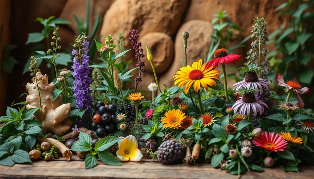 A lush, vibrant scene of medicinal plants used to treat the flu, set against a warm, natural backdrop. In the foreground, an array of colorful herbs and flowers - ginger, elderberry, echinacea, and others - are showcased in a carefully curated arrangement. The middle ground features a rustic wooden table or surface, allowing the plants to take center stage. In the background, a cozy, earthy environment with soft, diffused lighting creates an inviting, soothing atmosphere. The overall composition conveys the healing power and natural remedies found in these lesser-known Brazilian plant species. A lush, vibrant scene of medicinal plants used to treat the flu, set against a warm, natural backdrop. In the foreground, an array of colorful herbs and flowers - ginger, elderberry, echinacea, and others - are showcased in a carefully curated arrangement. The middle ground features a rustic wooden table or surface, allowing the plants to take center stage. In the background, a cozy, earthy environment with soft, diffused lighting creates an inviting, soothing atmosphere. The overall composition conveys the healing power and natural remedies found in these lesser-known Brazilian plant species.