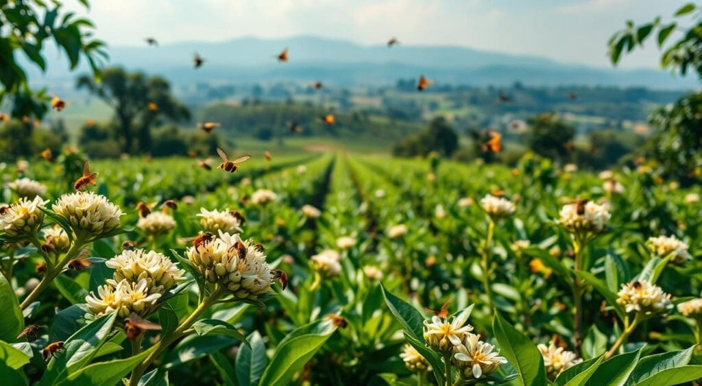 A lush, vibrant scene showcasing the natural pollinators thriving in a coffee plantation. In the foreground, a diverse array of bees, butterflies, and other insects flit from flower to flower, their delicate wings catching the soft, dappled sunlight filtering through the canopy. The middle ground reveals verdant rows of coffee plants, their glossy green leaves contrasting with the clusters of white blossoms. In the background, a hazy landscape of rolling hills and towering trees provides a picturesque backdrop, conveying a sense of balance and harmony between the natural world and the cultivation of this vital crop. The overall composition is crisp and detailed, captured with a wide-angle lens to emphasize the scale and interconnectedness of this thriving ecosystem. A lush, vibrant scene showcasing the natural pollinators thriving in a coffee plantation. In the foreground, a diverse array of bees, butterflies, and other insects flit from flower to flower, their delicate wings catching the soft, dappled sunlight filtering through the canopy. The middle ground reveals verdant rows of coffee plants, their glossy green leaves contrasting with the clusters of white blossoms. In the background, a hazy landscape of rolling hills and towering trees provides a picturesque backdrop, conveying a sense of balance and harmony between the natural world and the cultivation of this vital crop. The overall composition is crisp and detailed, captured with a wide-angle lens to emphasize the scale and interconnectedness of this thriving ecosystem.