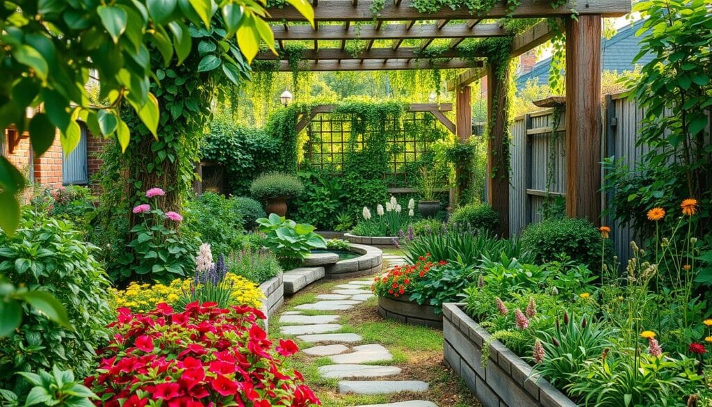 A lush, vibrant sustainable garden with a natural, harmonious layout. The foreground features a variety of flourishing plants, flowers, and herbs in rich, vibrant hues, carefully arranged in raised garden beds. The middle ground showcases a winding stone pathway leading through the garden, surrounded by verdant foliage and a small, tranquil water feature. In the background, a wooden pergola or trellis frames the scene, adorned with climbing vines and trailing greenery, creating a sense of enclosure and seclusion. Soft, warm lighting filters through the leaves, casting a gentle glow over the entire composition. The overall mood is one of peaceful, restorative serenity, inviting the viewer to immerse themselves in the beauty and sustainability of this carefully curated outdoor space. A lush, vibrant sustainable garden with a natural, harmonious layout. The foreground features a variety of flourishing plants, flowers, and herbs in rich, vibrant hues, carefully arranged in raised garden beds. The middle ground showcases a winding stone pathway leading through the garden, surrounded by verdant foliage and a small, tranquil water feature. In the background, a wooden pergola or trellis frames the scene, adorned with climbing vines and trailing greenery, creating a sense of enclosure and seclusion. Soft, warm lighting filters through the leaves, casting a gentle glow over the entire composition. The overall mood is one of peaceful, restorative serenity, inviting the viewer to immerse themselves in the beauty and sustainability of this carefully curated outdoor space.