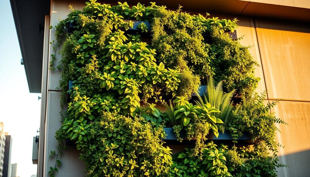 A lush, vibrant vertical garden cascading down a modern concrete wall, bathed in warm, golden afternoon sunlight. The verdant foliage spills over the edges, creating a striking contrast against the urban backdrop. Carefully curated planters house a diverse array of thriving plants, their leaves and flowers gently swaying in the breeze. The arrangement is both visually stunning and practical, showcasing the many benefits of a vertical garden - maximizing limited space, improving air quality, and adding a touch of natural beauty to the environment. A lush, vibrant vertical garden cascading down a modern concrete wall, bathed in warm, golden afternoon sunlight. The verdant foliage spills over the edges, creating a striking contrast against the urban backdrop. Carefully curated planters house a diverse array of thriving plants, their leaves and flowers gently swaying in the breeze. The arrangement is both visually stunning and practical, showcasing the many benefits of a vertical garden - maximizing limited space, improving air quality, and adding a touch of natural beauty to the environment.