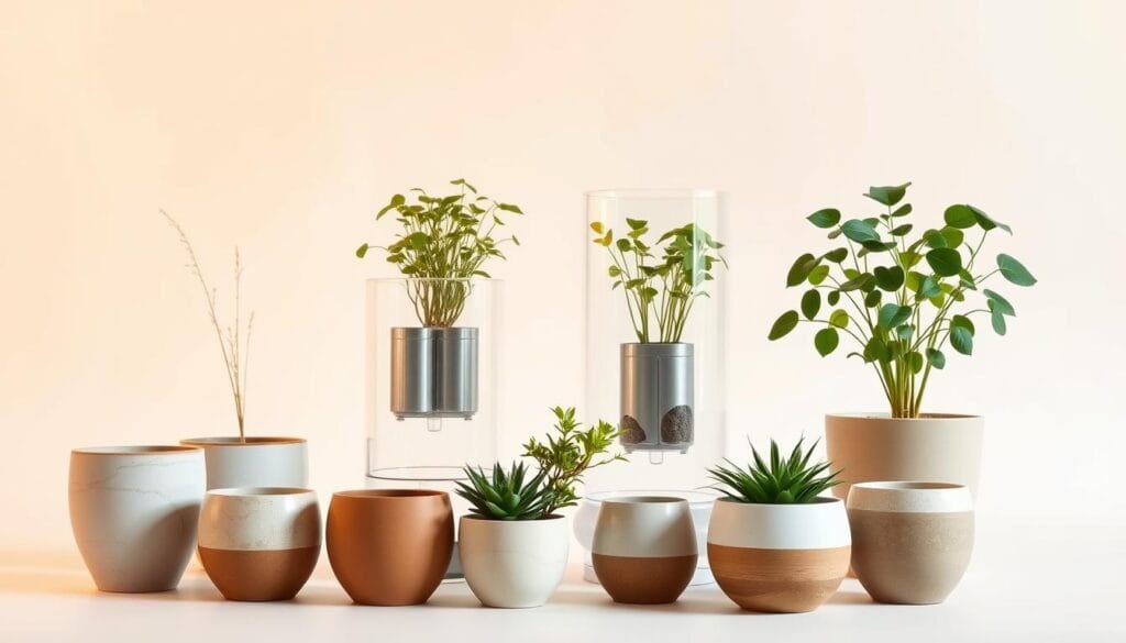A neatly arranged composition showcasing a variety of self-watering planters against a crisp, clean background. In the foreground, a selection of sleek, minimalist ceramic pots with subtle textures and earthy tones. In the middle ground, a few larger, clear glass containers revealing the intricate self-watering mechanisms within. The background features a soft, uniform backdrop, allowing the planters to take center stage. Warm, diffused lighting gently illuminates the scene, highlighting the elegant simplicity of the self-watering system and the lush, thriving plants it nurtures. The overall mood is one of tranquility, efficiency, and the harmonious coexistence of form and function. A neatly arranged composition showcasing a variety of self-watering planters against a crisp, clean background. In the foreground, a selection of sleek, minimalist ceramic pots with subtle textures and earthy tones. In the middle ground, a few larger, clear glass containers revealing the intricate self-watering mechanisms within. The background features a soft, uniform backdrop, allowing the planters to take center stage. Warm, diffused lighting gently illuminates the scene, highlighting the elegant simplicity of the self-watering system and the lush, thriving plants it nurtures. The overall mood is one of tranquility, efficiency, and the harmonious coexistence of form and function.