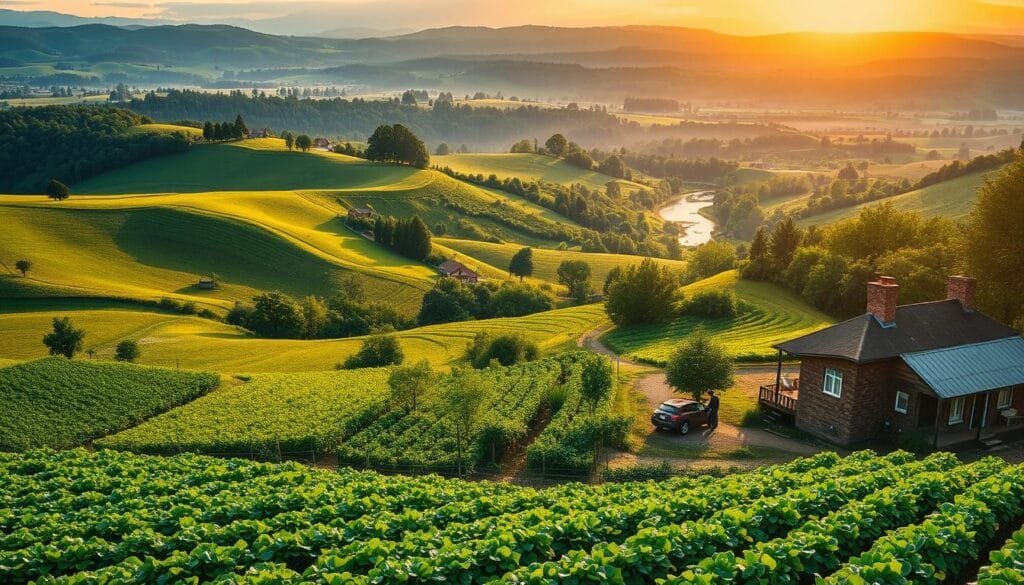 A picturesque scene of sustainable agriculture, where rolling hills are dotted with verdant fields and thriving crops. In the foreground, a family-owned farm teeming with life - rows of lush vegetables, a small orchard, and a modest farmhouse with a welcoming porch. The middle ground features a farmer tending to the land, using traditional methods that respect the delicate balance of the ecosystem. In the background, a breathtaking vista of the surrounding countryside, with forests and streams that provide natural resources and habitats for wildlife. Warm, golden sunlight filters through the scene, casting a serene, idyllic atmosphere. The image conveys the harmony between the local community, their agricultural practices, and the preservation of the environment. A picturesque scene of sustainable agriculture, where rolling hills are dotted with verdant fields and thriving crops. In the foreground, a family-owned farm teeming with life - rows of lush vegetables, a small orchard, and a modest farmhouse with a welcoming porch. The middle ground features a farmer tending to the land, using traditional methods that respect the delicate balance of the ecosystem. In the background, a breathtaking vista of the surrounding countryside, with forests and streams that provide natural resources and habitats for wildlife. Warm, golden sunlight filters through the scene, casting a serene, idyllic atmosphere. The image conveys the harmony between the local community, their agricultural practices, and the preservation of the environment.
