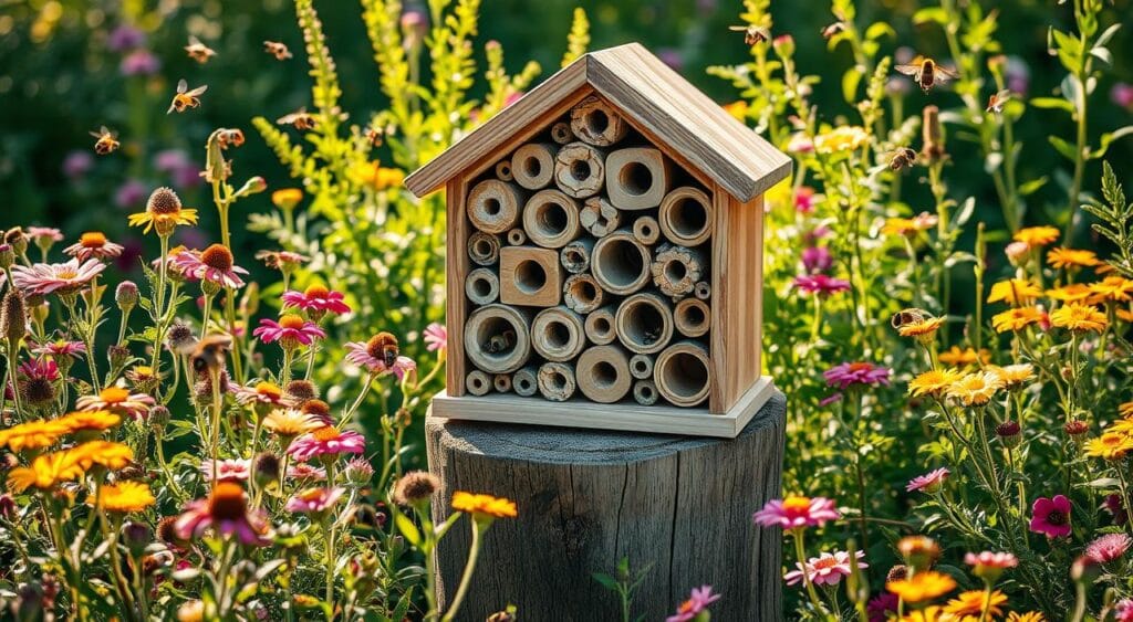 A quaint, handcrafted bee hotel nestled amidst a lush, blooming garden. The structure features a variety of nesting cavities of varying sizes and shapes, designed to accommodate the diverse needs of solitary bees. Warm, natural lighting bathes the scene, casting a soft, inviting glow. The hotel is positioned atop a rustic wooden pedestal, surrounded by vibrant wildflowers, lush foliage, and a smattering of buzzing pollinators in flight. An artful, naturalistic composition that captures the charming intersection of human-made and nature-made elements, perfectly suited to illustrate the step-by-step guide for creating a backyard bee hotel. A quaint, handcrafted bee hotel nestled amidst a lush, blooming garden. The structure features a variety of nesting cavities of varying sizes and shapes, designed to accommodate the diverse needs of solitary bees. Warm, natural lighting bathes the scene, casting a soft, inviting glow. The hotel is positioned atop a rustic wooden pedestal, surrounded by vibrant wildflowers, lush foliage, and a smattering of buzzing pollinators in flight. An artful, naturalistic composition that captures the charming intersection of human-made and nature-made elements, perfectly suited to illustrate the step-by-step guide for creating a backyard bee hotel.