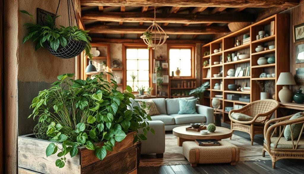 A rustic, eco-friendly living room scene with natural materials and upcycled decor. In the foreground, a planter made from a repurposed wooden crate, overflowing with lush greenery. On the wall, a stylish hanging plant holder crafted from recycled wire. The middle ground features a cozy seating area with a sofa and chairs made from reclaimed wood and woven natural fibers. Sunlight streams in through large windows, casting a warm, inviting glow. In the background, bookshelves and side tables showcase an array of decorative items fashioned from recycled glass, ceramics, and other sustainable materials. The overall atmosphere is one of harmony, simplicity, and environmental consciousness. A rustic, eco-friendly living room scene with natural materials and upcycled decor. In the foreground, a planter made from a repurposed wooden crate, overflowing with lush greenery. On the wall, a stylish hanging plant holder crafted from recycled wire. The middle ground features a cozy seating area with a sofa and chairs made from reclaimed wood and woven natural fibers. Sunlight streams in through large windows, casting a warm, inviting glow. In the background, bookshelves and side tables showcase an array of decorative items fashioned from recycled glass, ceramics, and other sustainable materials. The overall atmosphere is one of harmony, simplicity, and environmental consciousness.