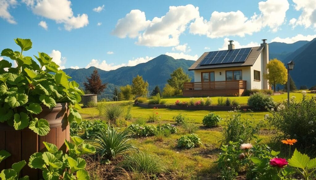 A serene and vibrant landscape showcasing the harmony between nature and sustainable living. In the foreground, a thriving vegetable garden with lush, verdant plants and a compost bin. In the middle ground, a modern, eco-friendly house with solar panels on the roof, surrounded by a neatly manicured lawn and blooming flowers. The background features a scenic mountainous vista, with a clear blue sky and fluffy white clouds. The lighting is warm and natural, creating a sense of tranquility and balance. The overall mood is one of environmental consciousness and the joy of embracing a sustainable lifestyle. A serene and vibrant landscape showcasing the harmony between nature and sustainable living. In the foreground, a thriving vegetable garden with lush, verdant plants and a compost bin. In the middle ground, a modern, eco-friendly house with solar panels on the roof, surrounded by a neatly manicured lawn and blooming flowers. The background features a scenic mountainous vista, with a clear blue sky and fluffy white clouds. The lighting is warm and natural, creating a sense of tranquility and balance. The overall mood is one of environmental consciousness and the joy of embracing a sustainable lifestyle.