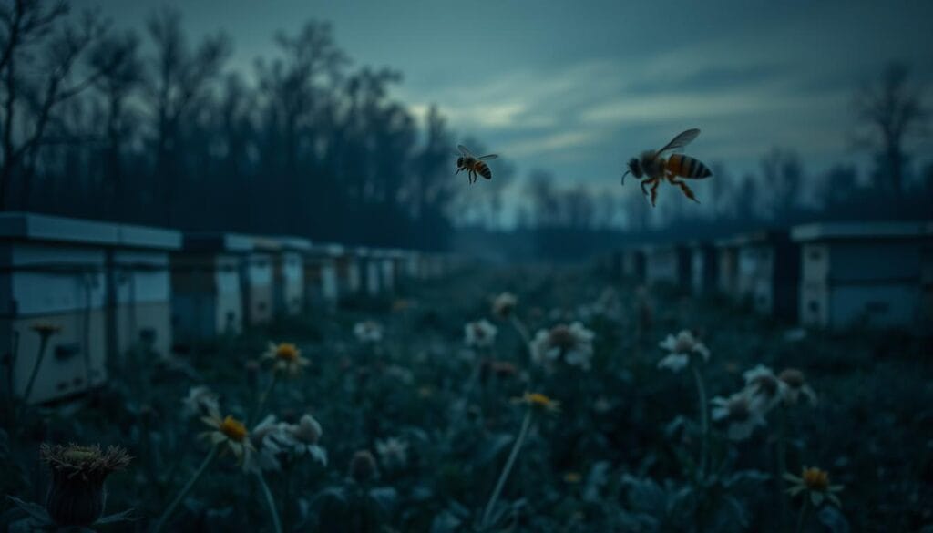 A serene, dimly lit apiary at dusk, with an eerie stillness pervading the air. The once-bustling hives lie empty, their inhabitants vanished. In the foreground, a lone worker bee hovers uncertainly, its wings weighed down by the weight of its burdens. The middle ground reveals a landscape of wilting flowers and withered foliage, a silent testament to the absence of the pollinators. The background fades into a bleak, monochromatic sky, casting a pall of melancholy over the scene. The image conveys the unsettling reality of the silent crisis unfolding, where the disappearance of bees threatens the delicate balance of our ecosystems. A serene, dimly lit apiary at dusk, with an eerie stillness pervading the air. The once-bustling hives lie empty, their inhabitants vanished. In the foreground, a lone worker bee hovers uncertainly, its wings weighed down by the weight of its burdens. The middle ground reveals a landscape of wilting flowers and withered foliage, a silent testament to the absence of the pollinators. The background fades into a bleak, monochromatic sky, casting a pall of melancholy over the scene. The image conveys the unsettling reality of the silent crisis unfolding, where the disappearance of bees threatens the delicate balance of our ecosystems.