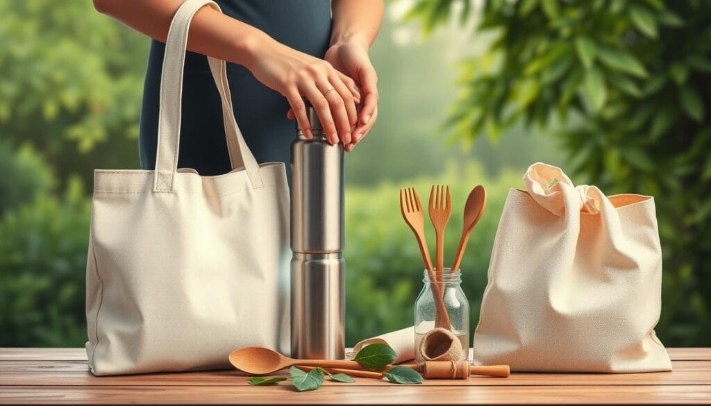 A serene, minimalist illustration of conscious consumption. In the foreground, a person's hands carefully sorting through a variety of reusable, eco-friendly items - a canvas tote bag, a metal water bottle, bamboo utensils, and a cloth shopping bag. The middle ground features a tranquil, verdant background with lush greenery, hinting at the environmental benefits of sustainable practices. The overall mood is one of mindfulness, simplicity, and a connection to nature. Soft, diffused lighting creates a calming, contemplative atmosphere. The composition emphasizes the tactile, hands-on approach to making sustainable choices in daily life. A serene, minimalist illustration of conscious consumption. In the foreground, a person's hands carefully sorting through a variety of reusable, eco-friendly items - a canvas tote bag, a metal water bottle, bamboo utensils, and a cloth shopping bag. The middle ground features a tranquil, verdant background with lush greenery, hinting at the environmental benefits of sustainable practices. The overall mood is one of mindfulness, simplicity, and a connection to nature. Soft, diffused lighting creates a calming, contemplative atmosphere. The composition emphasizes the tactile, hands-on approach to making sustainable choices in daily life.