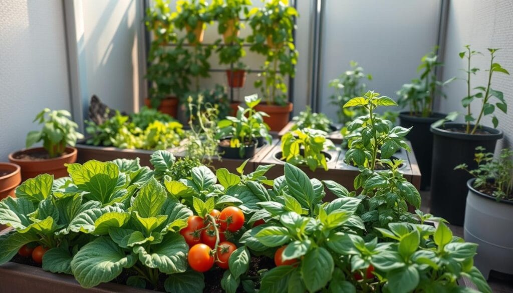 A small urban garden with lush, thriving plants arranged in raised beds and containers. The foreground features an array of vibrant, leafy vegetables and herbs, including kale, tomatoes, and basil, growing in a compact, organized layout. The middle ground showcases a mix of potted plants and a vertical garden system, maximizing the use of limited space. In the background, a modern, minimalist fence or wall provides a clean backdrop, allowing the greenery to take center stage. Natural sunlight casts a warm, inviting glow over the scene, highlighting the rich colors and textures of the plants. The overall composition conveys a sense of abundant productivity and efficient use of a small, urban space. A small urban garden with lush, thriving plants arranged in raised beds and containers. The foreground features an array of vibrant, leafy vegetables and herbs, including kale, tomatoes, and basil, growing in a compact, organized layout. The middle ground showcases a mix of potted plants and a vertical garden system, maximizing the use of limited space. In the background, a modern, minimalist fence or wall provides a clean backdrop, allowing the greenery to take center stage. Natural sunlight casts a warm, inviting glow over the scene, highlighting the rich colors and textures of the plants. The overall composition conveys a sense of abundant productivity and efficient use of a small, urban space.