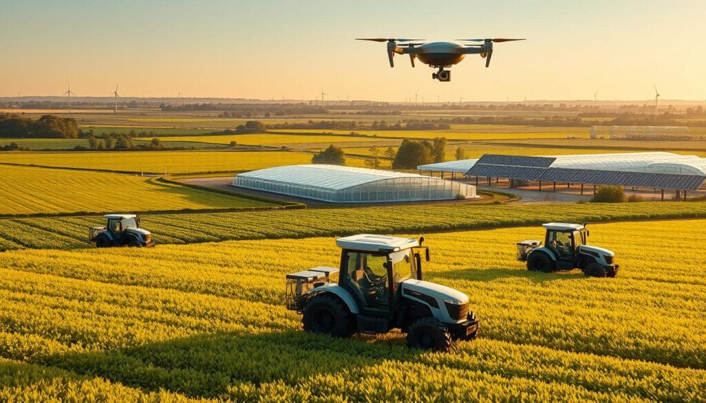 A sprawling agricultural landscape, bathed in golden afternoon light. In the foreground, a fleet of futuristic autonomous tractors navigates the verdant fields, their robotic arms deftly tending to the crops. Towering over the scene, a sleek agricultural drone hovers, its camera lens surveying the land below. In the middle ground, a cluster of high-tech greenhouses glisten with advanced irrigation systems and precision monitoring equipment. The horizon is dotted with wind turbines and solar panels, powering this modern, sustainable farm of the future. The atmosphere is one of innovation, efficiency, and a profound connection between technology and the natural world. A sprawling agricultural landscape, bathed in golden afternoon light. In the foreground, a fleet of futuristic autonomous tractors navigates the verdant fields, their robotic arms deftly tending to the crops. Towering over the scene, a sleek agricultural drone hovers, its camera lens surveying the land below. In the middle ground, a cluster of high-tech greenhouses glisten with advanced irrigation systems and precision monitoring equipment. The horizon is dotted with wind turbines and solar panels, powering this modern, sustainable farm of the future. The atmosphere is one of innovation, efficiency, and a profound connection between technology and the natural world.