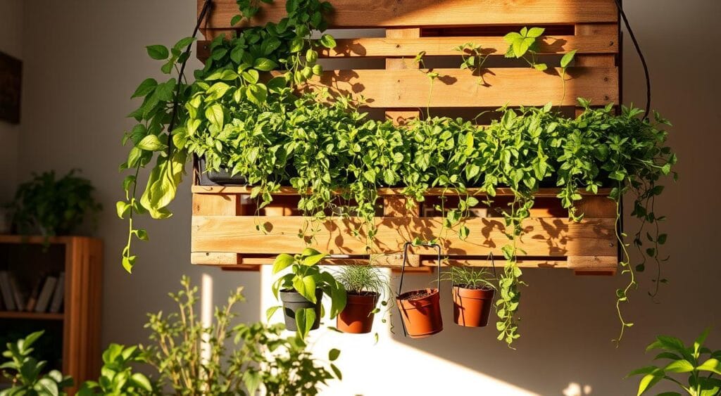 A suspended pallet garden, its wooden slats verdant with lush foliage cascading in an artful, organic display. Warm, natural lighting illuminates the scene, casting gentle shadows that accentuate the pallet's rustic textures. The foreground features an assortment of thriving potted plants, their vibrant leaves and stems complementing the earthy pallet hues. In the middle ground, the pallet hangs suspended, its sturdy frame supporting a bountiful urban garden, a creative solution for small spaces. The background subtly fades, allowing the pallet and its verdant contents to take center stage, emanating a sense of tranquility and harmony within the domestic setting. A suspended pallet garden, its wooden slats verdant with lush foliage cascading in an artful, organic display. Warm, natural lighting illuminates the scene, casting gentle shadows that accentuate the pallet's rustic textures. The foreground features an assortment of thriving potted plants, their vibrant leaves and stems complementing the earthy pallet hues. In the middle ground, the pallet hangs suspended, its sturdy frame supporting a bountiful urban garden, a creative solution for small spaces. The background subtly fades, allowing the pallet and its verdant contents to take center stage, emanating a sense of tranquility and harmony within the domestic setting.