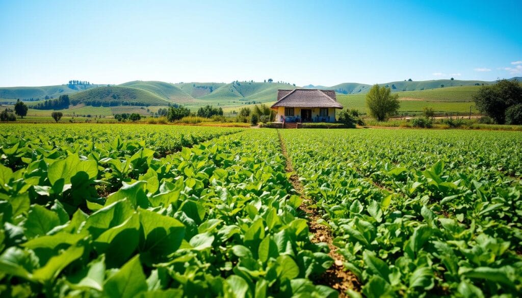 A verdant landscape of thriving, diverse crops and lush vegetation in a sun-dappled field. In the foreground, rows of healthy, vibrant plants stretch towards the sky, their leaves gently swaying in a light breeze. In the middle ground, a small farmhouse with a traditional thatched roof and a well-tended garden stands as a testament to sustainable, eco-friendly agricultural practices. The background is dominated by rolling hills and a cloudless azure sky, creating a serene and idyllic atmosphere. The overall scene conveys a sense of harmony between nature and human stewardship, highlighting the benefits of sustainable farming methods. A verdant landscape of thriving, diverse crops and lush vegetation in a sun-dappled field. In the foreground, rows of healthy, vibrant plants stretch towards the sky, their leaves gently swaying in a light breeze. In the middle ground, a small farmhouse with a traditional thatched roof and a well-tended garden stands as a testament to sustainable, eco-friendly agricultural practices. The background is dominated by rolling hills and a cloudless azure sky, creating a serene and idyllic atmosphere. The overall scene conveys a sense of harmony between nature and human stewardship, highlighting the benefits of sustainable farming methods.