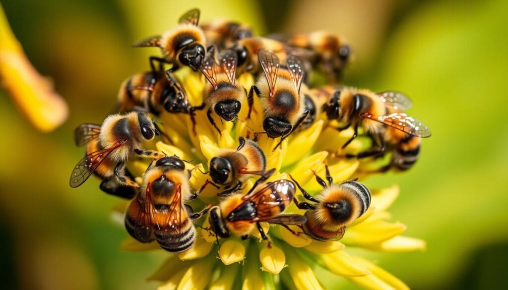 A vibrant, close-up photograph of a diverse group of native Brazilian stingless bees, commonly known as "abelhas sem ferrão," foraging on a lush, flowering plant. The bees are depicted in sharp focus, showcasing their unique physical characteristics and intricate patterns. The background is softly blurred, creating a sense of depth and emphasizing the central subjects. Warm, natural lighting illuminates the scene, casting gentle shadows and highlights that accentuate the bees' fuzzy bodies and delicate wings. The overall composition is balanced and visually captivating, inviting the viewer to appreciate the fascinating diversity and beauty of these important pollinators. A vibrant, close-up photograph of a diverse group of native Brazilian stingless bees, commonly known as "abelhas sem ferrão," foraging on a lush, flowering plant. The bees are depicted in sharp focus, showcasing their unique physical characteristics and intricate patterns. The background is softly blurred, creating a sense of depth and emphasizing the central subjects. Warm, natural lighting illuminates the scene, casting gentle shadows and highlights that accentuate the bees' fuzzy bodies and delicate wings. The overall composition is balanced and visually captivating, inviting the viewer to appreciate the fascinating diversity and beauty of these important pollinators.