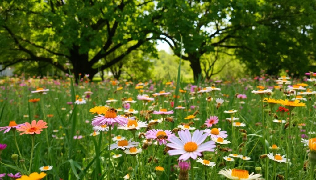 A vibrant meadow filled with blooming wildflowers, their petals swaying gently in the breeze. In the foreground, a swarm of industrious honeybees diligently pollinating the flowers, their golden bodies moving with a steady, rhythmic purpose. The bees dart from blossom to blossom, transferring pollen and enabling the plants to thrive. In the middle ground, a lush, verdant tree canopy provides a natural backdrop, its leaves rustling overhead. Warm, diffused sunlight filters through the foliage, casting a soft, natural glow over the scene. The overall atmosphere is one of harmonious, interconnected natural cycles, where the bees play a vital, yet often overlooked, role in maintaining the delicate balance of the ecosystem.