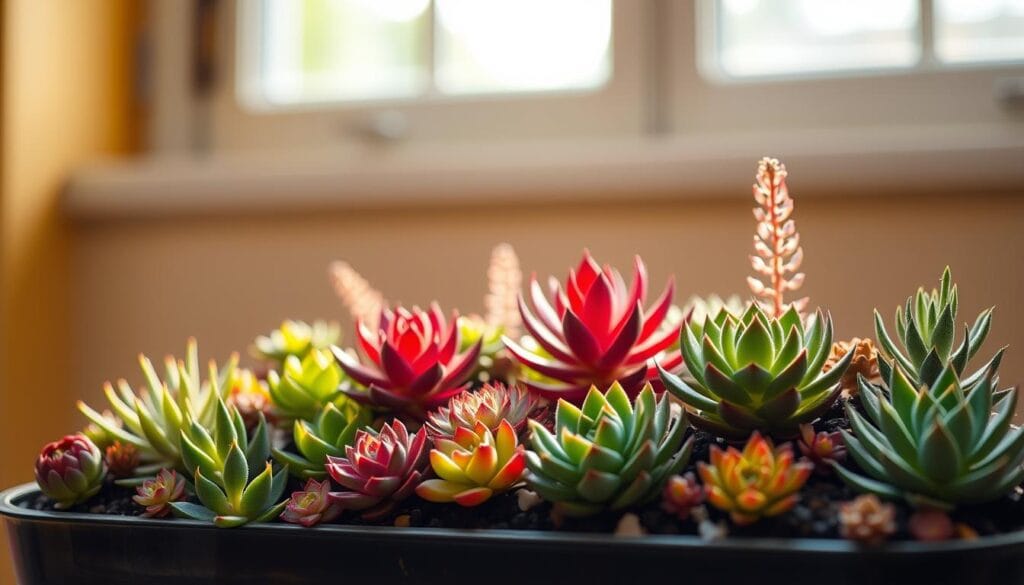 A vibrant miniature succulent garden, bathed in warm, diffused natural light filtering through a large window. The foreground features an assortment of succulents in various shapes, sizes, and hues of green, purple, and red, meticulously arranged in a harmonious composition. The middle ground showcases a few larger, sculptural succulents anchoring the scene, while the background subtly blurs into a softly defocused, neutral-toned wall, emphasizing the plants as the focal point. The image conveys a sense of tranquility and balance, inviting the viewer to appreciate the delicate beauty and care required for these resilient, low-maintenance plants. A vibrant miniature succulent garden, bathed in warm, diffused natural light filtering through a large window. The foreground features an assortment of succulents in various shapes, sizes, and hues of green, purple, and red, meticulously arranged in a harmonious composition. The middle ground showcases a few larger, sculptural succulents anchoring the scene, while the background subtly blurs into a softly defocused, neutral-toned wall, emphasizing the plants as the focal point. The image conveys a sense of tranquility and balance, inviting the viewer to appreciate the delicate beauty and care required for these resilient, low-maintenance plants.