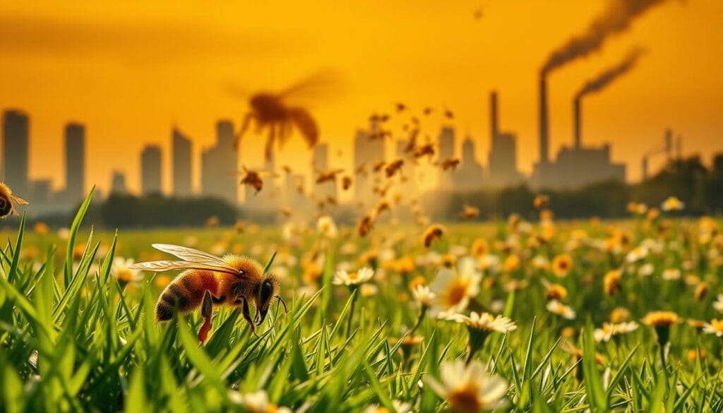 A vibrant, naturalistic scene depicting the causes of bee extinction. In the foreground, a close-up view of a dying honey bee, its wings tattered and its body lying on lush, verdant grass. In the middle ground, a swarm of bees fleeing a dense cloud of pesticides drifting across a field of blooming flowers. In the background, silhouettes of towering skyscrapers and industrial smokestacks, symbolizing the encroachment of urbanization and pollution. The scene is bathed in a warm, golden light, creating a sense of melancholy and urgency. The composition emphasizes the fragility of the bee population and the multifaceted threats they face in the modern world. A vibrant, naturalistic scene depicting the causes of bee extinction. In the foreground, a close-up view of a dying honey bee, its wings tattered and its body lying on lush, verdant grass. In the middle ground, a swarm of bees fleeing a dense cloud of pesticides drifting across a field of blooming flowers. In the background, silhouettes of towering skyscrapers and industrial smokestacks, symbolizing the encroachment of urbanization and pollution. The scene is bathed in a warm, golden light, creating a sense of melancholy and urgency. The composition emphasizes the fragility of the bee population and the multifaceted threats they face in the modern world.