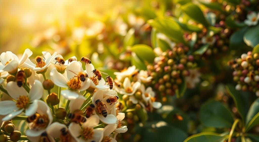 A vibrant scene of coffee plant flowers being pollinated by a swarm of busy honeybees. The foreground features a close-up view of delicate white blossoms with pollen-dusted stamens, surrounded by the fuzzy bodies and buzzing wings of several bees. In the middle ground, the lush green foliage of the coffee plants stretches out, with more bees flitting from flower to flower. The background is softly blurred, allowing the pollination process to take center stage. Warm, diffused sunlight filters through, casting a golden glow and creating a sense of natural harmony. The overall atmosphere is one of industrious activity, showcasing the essential role bees play in the productivity of the coffee crop. A vibrant scene of coffee plant flowers being pollinated by a swarm of busy honeybees. The foreground features a close-up view of delicate white blossoms with pollen-dusted stamens, surrounded by the fuzzy bodies and buzzing wings of several bees. In the middle ground, the lush green foliage of the coffee plants stretches out, with more bees flitting from flower to flower. The background is softly blurred, allowing the pollination process to take center stage. Warm, diffused sunlight filters through, casting a golden glow and creating a sense of natural harmony. The overall atmosphere is one of industrious activity, showcasing the essential role bees play in the productivity of the coffee crop.