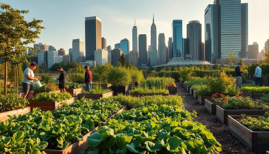 A vibrant urban garden teeming with lush vegetation, raised garden beds, and thriving produce. In the foreground, people tend to their crops, watering plants and harvesting fresh vegetables and herbs. The middle ground showcases a diverse array of crops, from leafy greens to colorful flowering plants, all nurtured within the confines of the city. In the background, a modern skyline of skyscrapers and high-rise buildings frames the scene, highlighting the integration of nature and urban life. Warm, natural lighting bathes the entire composition, creating a serene and inviting atmosphere that showcases the beauty and practicality of urban agriculture. A vibrant urban garden teeming with lush vegetation, raised garden beds, and thriving produce. In the foreground, people tend to their crops, watering plants and harvesting fresh vegetables and herbs. The middle ground showcases a diverse array of crops, from leafy greens to colorful flowering plants, all nurtured within the confines of the city. In the background, a modern skyline of skyscrapers and high-rise buildings frames the scene, highlighting the integration of nature and urban life. Warm, natural lighting bathes the entire composition, creating a serene and inviting atmosphere that showcases the beauty and practicality of urban agriculture.