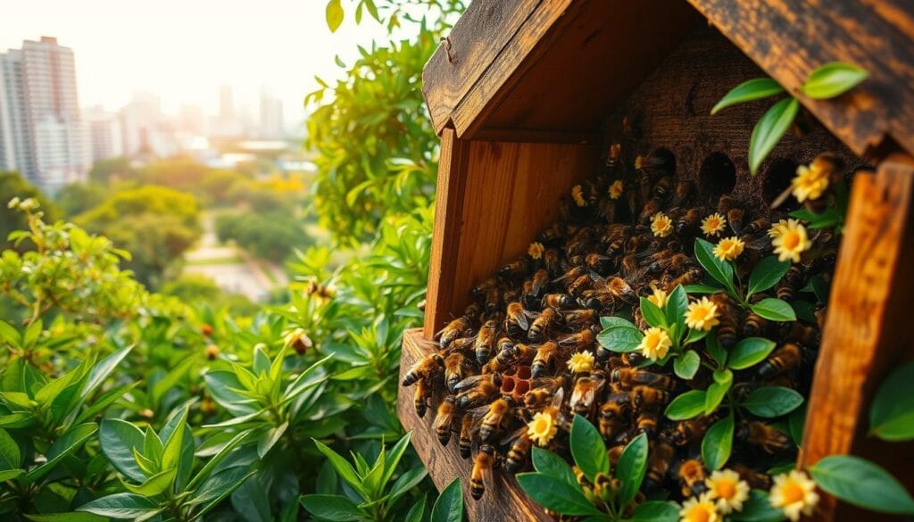 A vibrant urban landscape, bustling with the gentle hum of native Brazilian stingless bees. In the foreground, a diverse colony thrives in a cozy wooden hive nestled amidst lush, verdant foliage. The bees, their fuzzy bodies adorned with shimmering gold and black markings, flit from flower to flower, pollinating the surrounding greenery. In the middle ground, a glimpse of the city skyline peeks through, a harmonious blend of modern architecture and verdant parks. Warm, diffused sunlight filters through, casting a soft, golden glow over the scene. The atmosphere is one of peaceful coexistence, where the resilient native bees have found a sanctuary within the urban environment. A vibrant urban landscape, bustling with the gentle hum of native Brazilian stingless bees. In the foreground, a diverse colony thrives in a cozy wooden hive nestled amidst lush, verdant foliage. The bees, their fuzzy bodies adorned with shimmering gold and black markings, flit from flower to flower, pollinating the surrounding greenery. In the middle ground, a glimpse of the city skyline peeks through, a harmonious blend of modern architecture and verdant parks. Warm, diffused sunlight filters through, casting a soft, golden glow over the scene. The atmosphere is one of peaceful coexistence, where the resilient native bees have found a sanctuary within the urban environment.