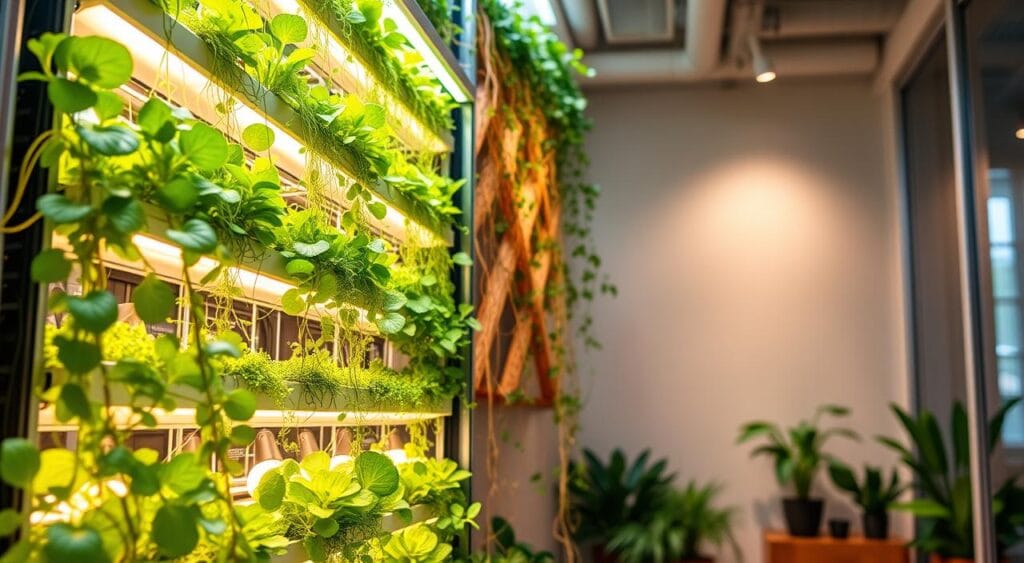 A vibrant vertical garden, with lush greenery cascading down a series of tiered shelves. The foreground showcases a variety of fresh produce, from leafy greens to trailing vines, all thriving in a meticulously designed hydroponic system. The middle ground features strategic LED lighting, casting a warm, natural glow that accentuates the verdant hues. In the background, a minimalist, contemporary interior provides a sleek, urban setting, highlighting the innovative approach to maximizing limited space for agricultural cultivation. The overall scene exudes a sense of modern efficiency and sustainable living, perfectly capturing the essence of "Técnicas inovadoras para maximizar sua produção em áreas limitadas". A vibrant vertical garden, with lush greenery cascading down a series of tiered shelves. The foreground showcases a variety of fresh produce, from leafy greens to trailing vines, all thriving in a meticulously designed hydroponic system. The middle ground features strategic LED lighting, casting a warm, natural glow that accentuates the verdant hues. In the background, a minimalist, contemporary interior provides a sleek, urban setting, highlighting the innovative approach to maximizing limited space for agricultural cultivation. The overall scene exudes a sense of modern efficiency and sustainable living, perfectly capturing the essence of "Técnicas inovadoras para maximizar sua produção em áreas limitadas".