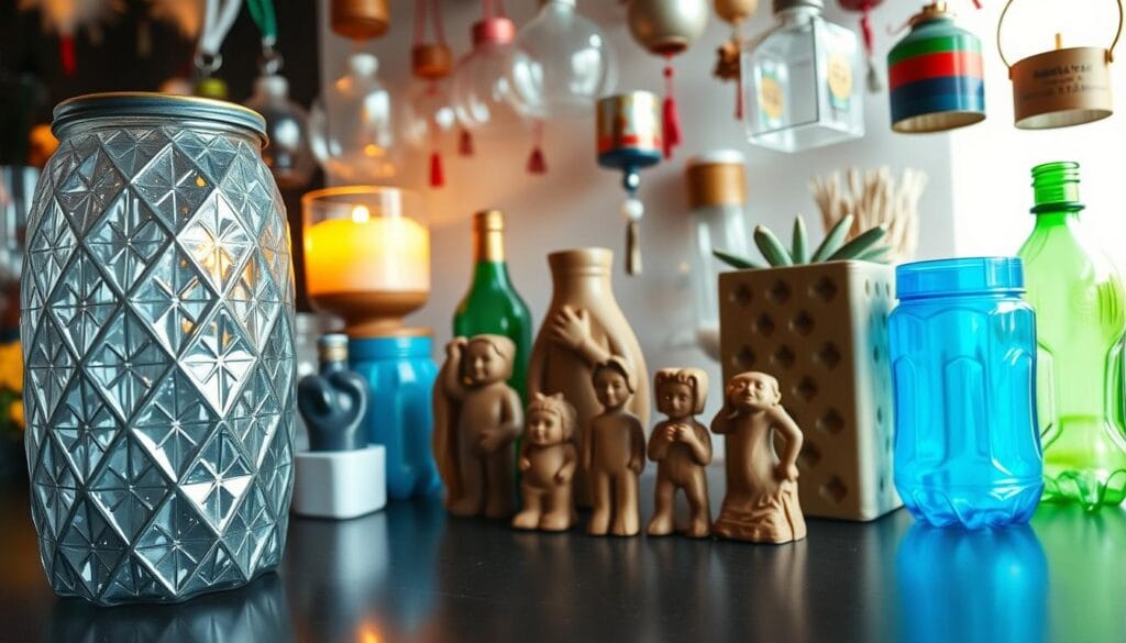 A well-lit, high-quality photograph of an assortment of handcrafted decorative items made from repurposed plastic bottles. In the foreground, a vase-like container with an intricate geometric pattern, its surface textured and polished. In the middle ground, a set of small figurines or sculptures, each unique in design, carved or molded from the plastic material. The background features a display of various other bottle-based creations, including candleholders, planters, and hanging ornaments, all showcasing the versatility and creative potential of transforming common waste into functional and visually appealing objects. The lighting accentuates the diverse colors, textures, and shapes of the artisanal pieces, conveying a sense of craftsmanship and environmental consciousness. A well-lit, high-quality photograph of an assortment of handcrafted decorative items made from repurposed plastic bottles. In the foreground, a vase-like container with an intricate geometric pattern, its surface textured and polished. In the middle ground, a set of small figurines or sculptures, each unique in design, carved or molded from the plastic material. The background features a display of various other bottle-based creations, including candleholders, planters, and hanging ornaments, all showcasing the versatility and creative potential of transforming common waste into functional and visually appealing objects. The lighting accentuates the diverse colors, textures, and shapes of the artisanal pieces, conveying a sense of craftsmanship and environmental consciousness.