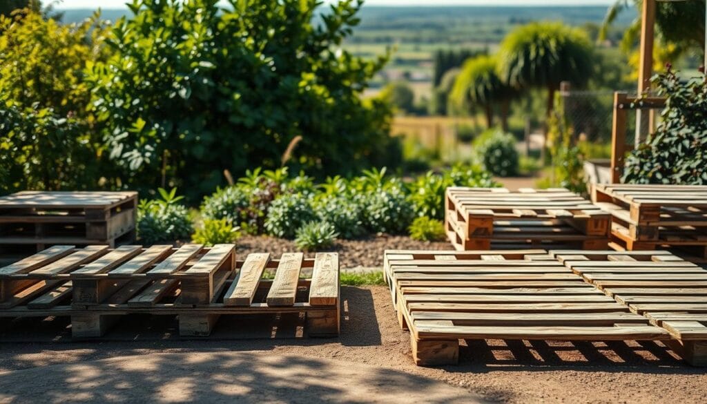 A well-lit, naturally-illuminated outdoor scene showcasing a collection of weathered wooden pallets arranged in a neat, organized manner. The pallets are positioned in the foreground, casting gentle shadows on the ground below. The middle ground features lush, verdant foliage, suggesting a garden setting. In the background, a blurred, sun-dappled landscape unfolds, hinting at the serene, tranquil atmosphere. The overall composition conveys a sense of preparedness and anticipation, as if the pallets are awaiting transformation into creative gardening projects. The image has a warm, earthy tone, reflecting the natural, rustic nature of the subject matter. A well-lit, naturally-illuminated outdoor scene showcasing a collection of weathered wooden pallets arranged in a neat, organized manner. The pallets are positioned in the foreground, casting gentle shadows on the ground below. The middle ground features lush, verdant foliage, suggesting a garden setting. In the background, a blurred, sun-dappled landscape unfolds, hinting at the serene, tranquil atmosphere. The overall composition conveys a sense of preparedness and anticipation, as if the pallets are awaiting transformation into creative gardening projects. The image has a warm, earthy tone, reflecting the natural, rustic nature of the subject matter.