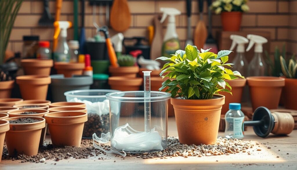 A well-lit still life showcasing an assortment of materials for a self-watering planter system. In the foreground, a collection of terracotta pots, soil, and gravel. In the middle ground, a clear plastic reservoir, wicking material, and a water level indicator. In the background, a selection of gardening tools, spray bottles, and a lush, verdant potted plant serving as the focal point. The lighting is warm and natural, creating a serene, inviting atmosphere suitable for a DIY home garden project. A well-lit still life showcasing an assortment of materials for a self-watering planter system. In the foreground, a collection of terracotta pots, soil, and gravel. In the middle ground, a clear plastic reservoir, wicking material, and a water level indicator. In the background, a selection of gardening tools, spray bottles, and a lush, verdant potted plant serving as the focal point. The lighting is warm and natural, creating a serene, inviting atmosphere suitable for a DIY home garden project.