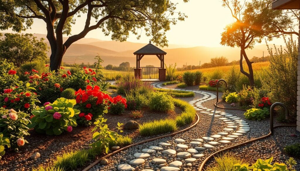 An idyllic backyard oasis showcasing sustainable irrigation techniques. In the foreground, a lush, manicured garden with vibrant flowers and vegetables flourishing under a warm, golden afternoon sun. Winding pathways of smooth pebbles lead the eye through the scene, interspersed with strategically placed drip irrigation lines and small, decorative water features that gently cascade. In the middle ground, a charming gazebo or small greenhouse stands, its structure cleverly designed to collect rainwater and channel it into the irrigation system. The background reveals rolling hills or a distant tree line, creating a sense of peaceful seclusion. The overall mood is one of harmony, efficiency, and environmental stewardship, perfectly capturing the essence of sustainable gardening techniques. An idyllic backyard oasis showcasing sustainable irrigation techniques. In the foreground, a lush, manicured garden with vibrant flowers and vegetables flourishing under a warm, golden afternoon sun. Winding pathways of smooth pebbles lead the eye through the scene, interspersed with strategically placed drip irrigation lines and small, decorative water features that gently cascade. In the middle ground, a charming gazebo or small greenhouse stands, its structure cleverly designed to collect rainwater and channel it into the irrigation system. The background reveals rolling hills or a distant tree line, creating a sense of peaceful seclusion. The overall mood is one of harmony, efficiency, and environmental stewardship, perfectly capturing the essence of sustainable gardening techniques.