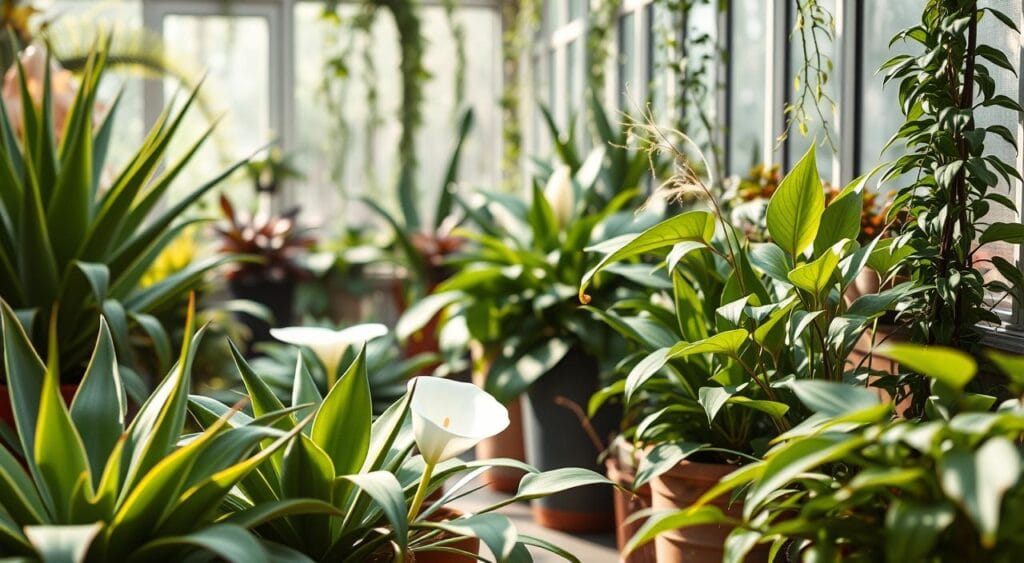 An intimate, serene garden scene featuring a variety of calming, stress-relieving plants arranged in a harmonious composition. In the foreground, lush, verdant leaves of potted succulents, aloe vera, and snake plants cascade gracefully. In the middle ground, wispy fronds of peace lilies and philodendrons sway gently in a soft, diffused lighting. The background depicts a tranquil, sun-dappled greenhouse setting, with delicate ferns and trailing ivy climbing along the glass walls. The overall mood is one of tranquility, relaxation, and mindful connection with nature, evoking a sense of emotional and mental well-being. An intimate, serene garden scene featuring a variety of calming, stress-relieving plants arranged in a harmonious composition. In the foreground, lush, verdant leaves of potted succulents, aloe vera, and snake plants cascade gracefully. In the middle ground, wispy fronds of peace lilies and philodendrons sway gently in a soft, diffused lighting. The background depicts a tranquil, sun-dappled greenhouse setting, with delicate ferns and trailing ivy climbing along the glass walls. The overall mood is one of tranquility, relaxation, and mindful connection with nature, evoking a sense of emotional and mental well-being.