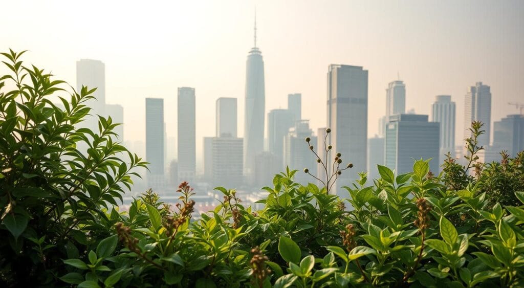 An urban skyline with towering skyscrapers, a hazy atmosphere, and a prominent foreground featuring a diverse array of lush, thriving plants. The plants are strategically positioned to showcase their environmental benefits, such as absorbing pollutants, releasing oxygen, and providing natural cooling. The lighting is soft and diffused, creating a serene, almost dreamlike quality. The perspective is slightly elevated, allowing the viewer to see the plants in the foreground while capturing the cityscape in the background. The overall tone is one of harmony and sustainability, highlighting the hidden power of plants to mitigate the negative impacts of urbanization. An urban skyline with towering skyscrapers, a hazy atmosphere, and a prominent foreground featuring a diverse array of lush, thriving plants. The plants are strategically positioned to showcase their environmental benefits, such as absorbing pollutants, releasing oxygen, and providing natural cooling. The lighting is soft and diffused, creating a serene, almost dreamlike quality. The perspective is slightly elevated, allowing the viewer to see the plants in the foreground while capturing the cityscape in the background. The overall tone is one of harmony and sustainability, highlighting the hidden power of plants to mitigate the negative impacts of urbanization.