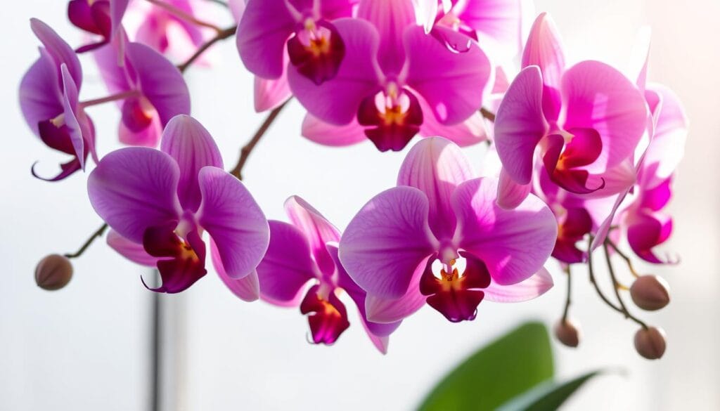 Dazzling orchids in full bloom, their petals cascading like delicate ribbons against a soft, hazy backdrop. Vibrant hues of purple, fuchsia, and ivory intertwine, creating a mesmerizing floral symphony. The orchids are lit from above, casting subtle shadows that add depth and dimension to the composition. The focus is sharp on the exquisite floral details, while the surroundings are gently blurred, drawing the viewer's attention to the captivating blooms. An ethereal, dreamlike atmosphere pervades the scene, evoking a sense of wonder and natural beauty.