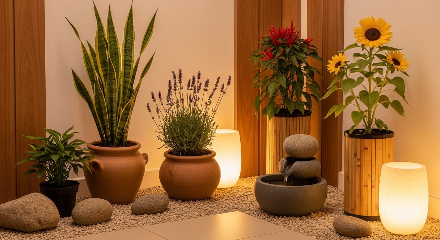 “Bambu-da-sorte em vaso de vidro com pedras brancas sobre uma mesa de madeira, simbolizando harmonia, proteção e prosperidade no lar.”