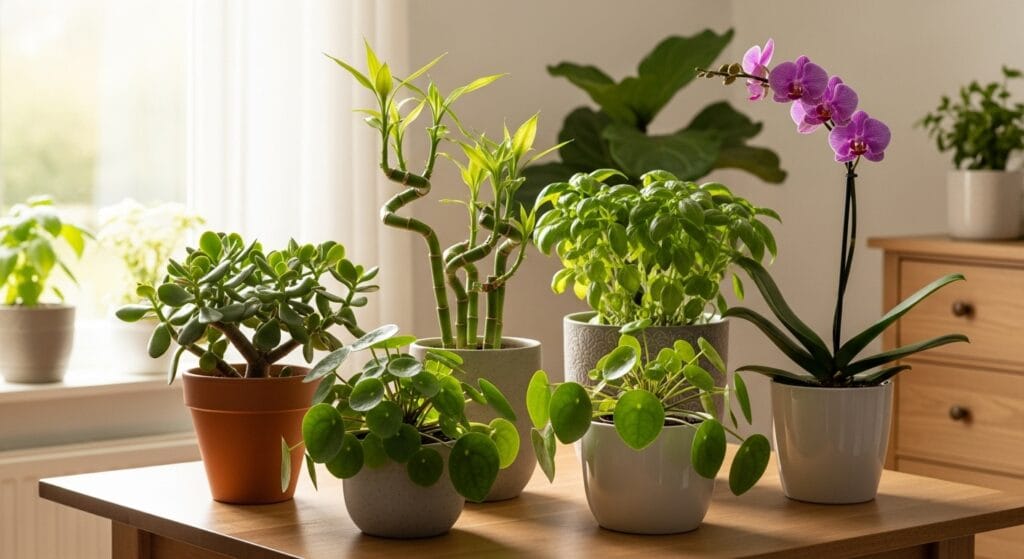 “Vaso com planta jade decorando uma sala iluminada, representando prosperidade e boas energias no ambiente.”