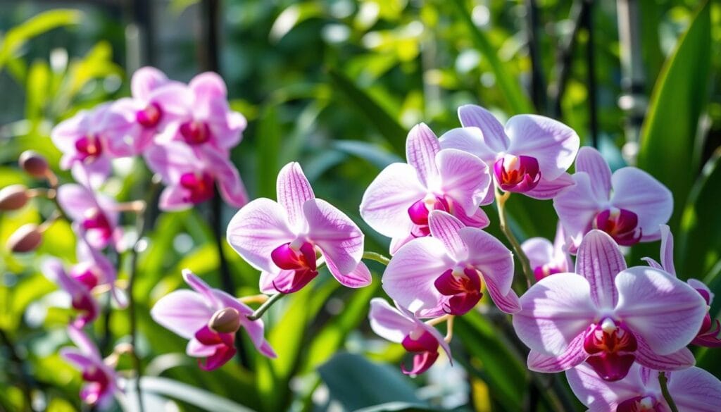 Lush and vibrant orchids blooming in a well-lit, natural setting. Delicate petals in shades of pink, purple, and white unfurling against a backdrop of verdant foliage. Soft, diffused lighting illuminates the scene, casting gentle shadows and highlights that accentuate the orchids' intricate structures. The composition features a balance of close-up details and a wider perspective, allowing the viewer to appreciate both the individual flowers and the overall harmony of the display. An atmosphere of tranquility and flourishing growth pervades the image, inviting the viewer to appreciate the beauty and challenge of cultivating these magnificent plants at home.