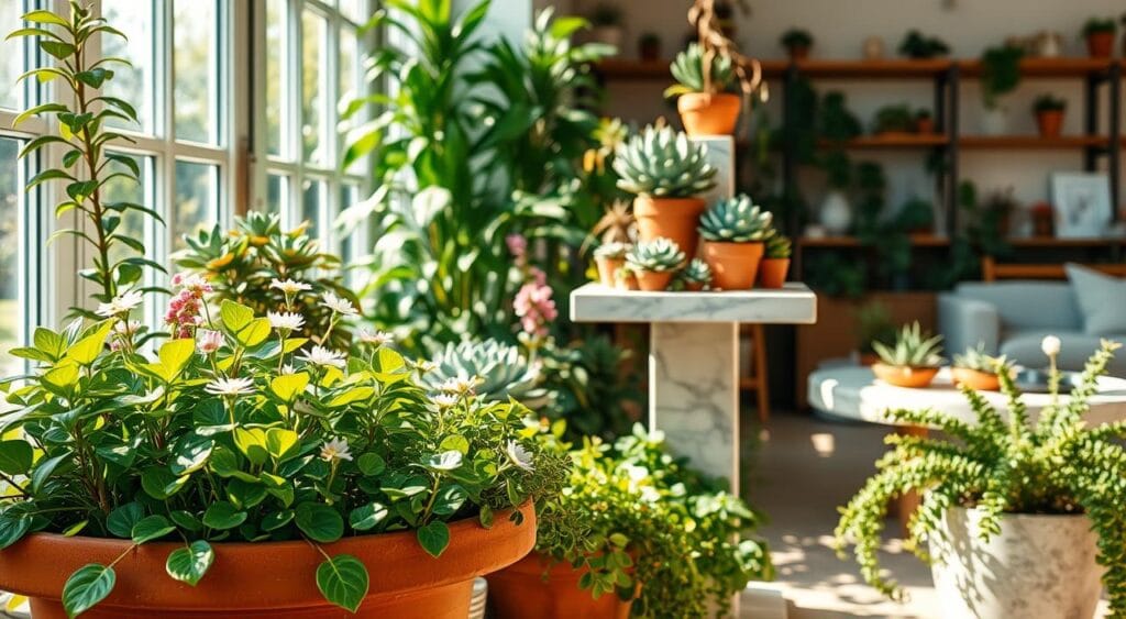 Lush, verdant garden featuring a variety of healthy, thriving houseplants and potted flowers. Sunlight streams through large windows, casting warm, golden illumination across the scene. In the foreground, a terracotta planter overflows with bright green leaves and delicate blooms. In the middle ground, a marble plant stand holds multiple potted succulents, their intricate textures and colors on full display. The background depicts a cozy, inviting living space, with shelves and wooden furniture complementing the natural tones. The overall atmosphere conveys a sense of harmony, balance, and careful attention to the plants' needs. Lush, verdant garden featuring a variety of healthy, thriving houseplants and potted flowers. Sunlight streams through large windows, casting warm, golden illumination across the scene. In the foreground, a terracotta planter overflows with bright green leaves and delicate blooms. In the middle ground, a marble plant stand holds multiple potted succulents, their intricate textures and colors on full display. The background depicts a cozy, inviting living space, with shelves and wooden furniture complementing the natural tones. The overall atmosphere conveys a sense of harmony, balance, and careful attention to the plants' needs.