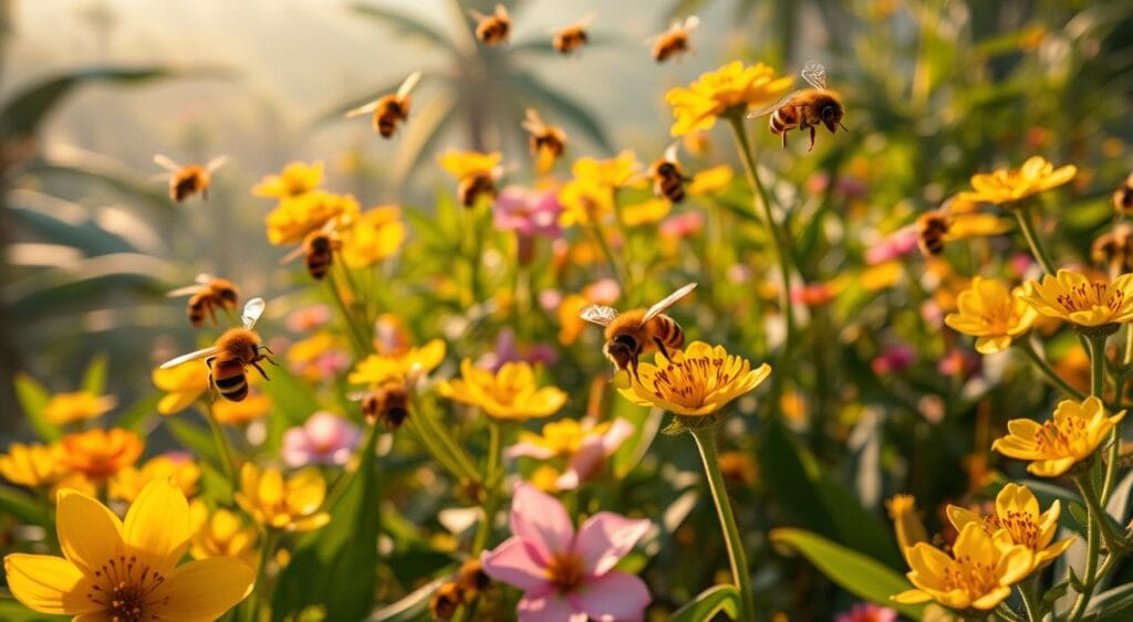 Stunningly detailed image of native Brazilian stingless bees hovering above a vibrant array of lush, tropical plants. The bees gracefully dart between the bright, inviting flowers, their fuzzy bodies covered in pollen. The scene is bathed in warm, golden light, casting a soft, natural glow. The foreground features the bees in sharp focus, while the middle ground showcases the diverse array of native flora - from verdant foliage to delicate blossoms. The background fades into a hazy, dreamlike tropical landscape. The overall atmosphere conveys the harmonious, symbiotic relationship between these crucial pollinators and the local plant life. Stunningly detailed image of native Brazilian stingless bees hovering above a vibrant array of lush, tropical plants. The bees gracefully dart between the bright, inviting flowers, their fuzzy bodies covered in pollen. The scene is bathed in warm, golden light, casting a soft, natural glow. The foreground features the bees in sharp focus, while the middle ground showcases the diverse array of native flora - from verdant foliage to delicate blossoms. The background fades into a hazy, dreamlike tropical landscape. The overall atmosphere conveys the harmonious, symbiotic relationship between these crucial pollinators and the local plant life.