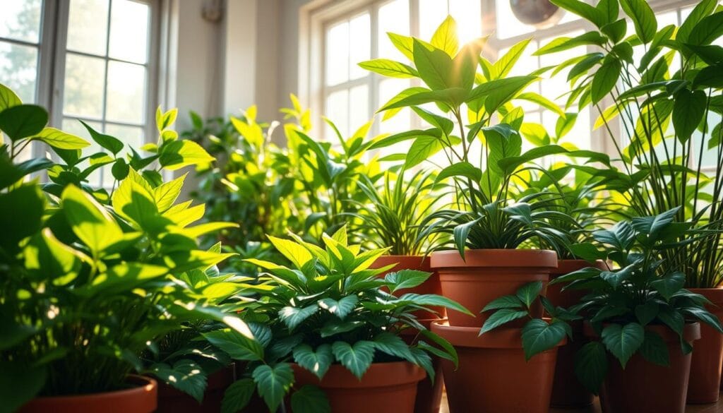 Vibrant and lush healthy potted plants in a well-lit, airy indoor setting. Sunlight streams through large windows, casting a warm glow on the thriving foliage. An assortment of green leafy plants in terracotta and ceramic containers, arranged in a visually pleasing composition. The plants appear robust and well-nourished, their leaves a deep, verdant hue. The scene exudes a sense of vitality and natural harmony, creating an uplifting and calming atmosphere. The perspective is angled to showcase the plants in an appealing, magazine-worthy display. Vibrant and lush healthy potted plants in a well-lit, airy indoor setting. Sunlight streams through large windows, casting a warm glow on the thriving foliage. An assortment of green leafy plants in terracotta and ceramic containers, arranged in a visually pleasing composition. The plants appear robust and well-nourished, their leaves a deep, verdant hue. The scene exudes a sense of vitality and natural harmony, creating an uplifting and calming atmosphere. The perspective is angled to showcase the plants in an appealing, magazine-worthy display.