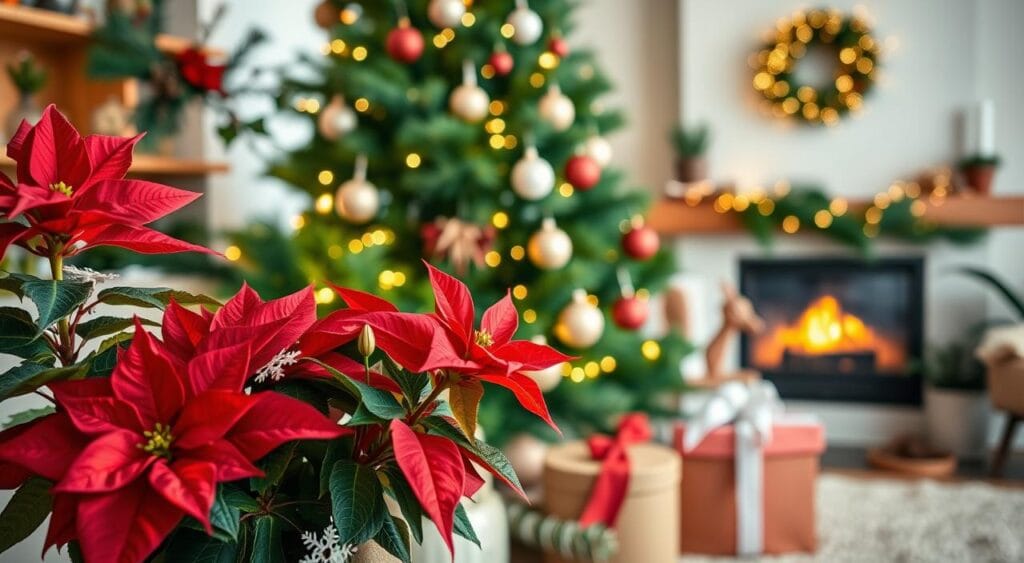 A beautifully arranged festive scene showcasing natural plants ideal for Christmas home decor. In the foreground, a lush red poinsettia in a decorative pot, surrounded by delicate white snowflake blooms. In the middle, a vibrant green fir tree adorned with twinkling fairy lights and handcrafted ornaments, complemented by subtle sprigs of holly and pinecones. The background features a cozy living room with warm, soft lighting that creates an inviting atmosphere. A touch of warmth reflected from a nearby fireplace illuminates the scene, enhancing the holiday spirit. The angle captures a wide shot, inviting the viewer into this charming, festive space, filled with nature’s beauty and holiday cheer.