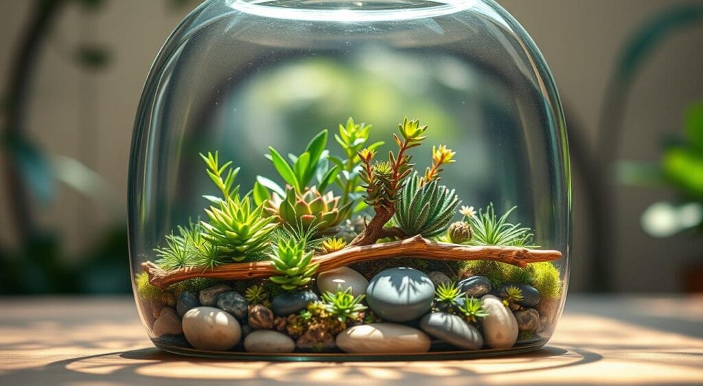 A beautifully crafted decorative terrarium, showcasing a lush and vibrant miniature ecosystem. Sunlight filters softly through the glass enclosure, illuminating the verdant foliage and delicate succulents. In the foreground, a carefully placed arrangement of polished stones and driftwood creates a natural, zen-like atmosphere. The middle ground features a variety of miniature plants, their intricate leaves and blossoms adding depth and visual interest. In the background, a subtle gradient of greens and earthy tones sets the tone for a serene and calming display. Captured with a shallow depth of field, the terrarium appears to float in a softly focused, dreamlike environment. A beautifully crafted decorative terrarium, showcasing a lush and vibrant miniature ecosystem. Sunlight filters softly through the glass enclosure, illuminating the verdant foliage and delicate succulents. In the foreground, a carefully placed arrangement of polished stones and driftwood creates a natural, zen-like atmosphere. The middle ground features a variety of miniature plants, their intricate leaves and blossoms adding depth and visual interest. In the background, a subtle gradient of greens and earthy tones sets the tone for a serene and calming display. Captured with a shallow depth of field, the terrarium appears to float in a softly focused, dreamlike environment.