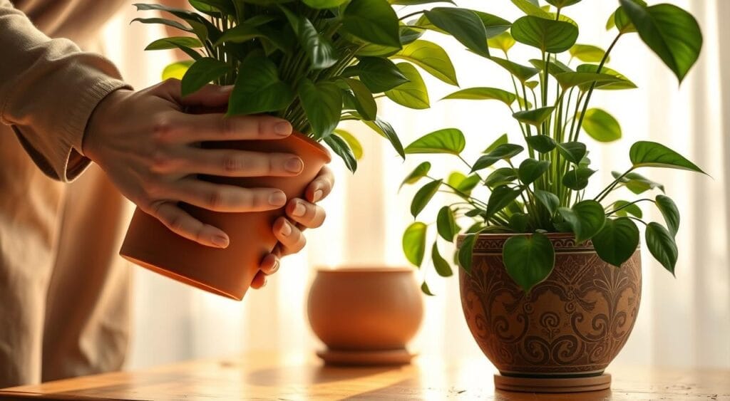 A close-up view of a lush, green houseplant being carefully transferred from a smaller terracotta pot to a larger, decorative ceramic pot. The foreground features the hands of a person in modest casual clothing, gently holding the plant's base to support its roots during the transition. In the middle of the image, the vibrant foliage of the plant contrasts against the earthy tones of the pots. The background showcases a warm, sunlit indoor environment with soft, diffused light filtering through sheer curtains, creating a calming and nurturing atmosphere. The colors are rich and inviting, emphasizing the plant's health and vitality, while the soft focus enhances the overall sense of care and attention involved in the repotting process.