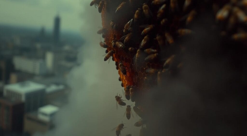 A closeup view of a honeycomb, with several dead or dying bees scattered around it. The honeycomb is partially obscured by a thick layer of smog or haze, casting an ominous, oppressive atmosphere. In the background, a blurred cityscape or industrial landscape is visible, hinting at the environmental threats facing the bees. The lighting is dim and moody, with a somber, desaturated color palette. The overall scene conveys a sense of urgency and concern for the wellbeing of these crucial pollinators. A closeup view of a honeycomb, with several dead or dying bees scattered around it. The honeycomb is partially obscured by a thick layer of smog or haze, casting an ominous, oppressive atmosphere. In the background, a blurred cityscape or industrial landscape is visible, hinting at the environmental threats facing the bees. The lighting is dim and moody, with a somber, desaturated color palette. The overall scene conveys a sense of urgency and concern for the wellbeing of these crucial pollinators.