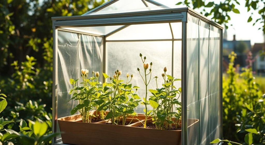 A compact, homemade greenhouse stands in a lush, verdant garden. Sunlight filters through its transparent panels, illuminating the delicate seedlings within. The structure's sleek, minimalist design blends seamlessly with the natural surroundings, showcasing the effortless integration of modern horticulture and traditional gardening. Intricate trellises support the growing plants, their vibrant leaves and budding flowers creating a vibrant, organic tableau. The greenhouse's interior exudes a sense of tranquility and quiet productivity, inviting the viewer to imagine the bounty of fresh produce it will yield throughout the year. A serene, atmospheric shot captures the essence of this innovative, self-sustaining cultivation system. A compact, homemade greenhouse stands in a lush, verdant garden. Sunlight filters through its transparent panels, illuminating the delicate seedlings within. The structure's sleek, minimalist design blends seamlessly with the natural surroundings, showcasing the effortless integration of modern horticulture and traditional gardening. Intricate trellises support the growing plants, their vibrant leaves and budding flowers creating a vibrant, organic tableau. The greenhouse's interior exudes a sense of tranquility and quiet productivity, inviting the viewer to imagine the bounty of fresh produce it will yield throughout the year. A serene, atmospheric shot captures the essence of this innovative, self-sustaining cultivation system.