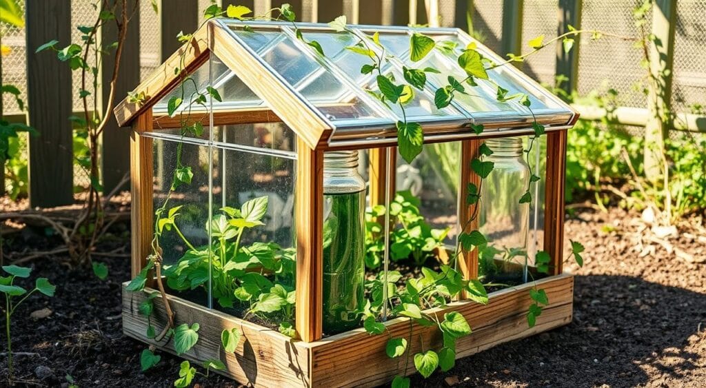 A cozy handcrafted mini greenhouse constructed from repurposed materials, positioned in a sunlit garden setting. The frame is made from reclaimed wood, while the transparent panels are upcycled plastic bottles and jars, allowing natural light to filter in. Verdant seedlings and trailing vines spill over the edges, creating a rustic, eco-friendly aesthetic. The greenhouse is angled slightly to capture the warm afternoon sun, casting soft shadows that dance across the textured surfaces. A sense of tranquility and self-sufficiency pervades the scene, evoking the joys of homegrown, sustainable gardening. A cozy handcrafted mini greenhouse constructed from repurposed materials, positioned in a sunlit garden setting. The frame is made from reclaimed wood, while the transparent panels are upcycled plastic bottles and jars, allowing natural light to filter in. Verdant seedlings and trailing vines spill over the edges, creating a rustic, eco-friendly aesthetic. The greenhouse is angled slightly to capture the warm afternoon sun, casting soft shadows that dance across the textured surfaces. A sense of tranquility and self-sufficiency pervades the scene, evoking the joys of homegrown, sustainable gardening.