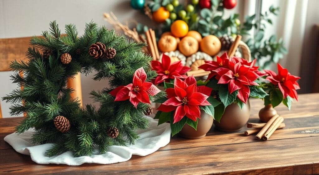 A cozy holiday scene featuring a variety of natural plants decorating a rustic wooden table. In the foreground, a lush, full-bodied Christmas wreath made of pine branches, holly, and pinecones sits atop a white cloth, casting soft shadows. In the middle ground, three potted poinsettia plants in vibrant red bloom, their leaves glistening under warm, directional lighting. Behind them, a collection of natural elements like cinnamon sticks, dried oranges, and eucalyptus sprigs are arranged artfully, creating a layered, textural display. The background is blurred, allowing the focus to remain on the natural holiday decor. An intimate, festive ambiance fills the frame, evoking the spirit of the holiday season.