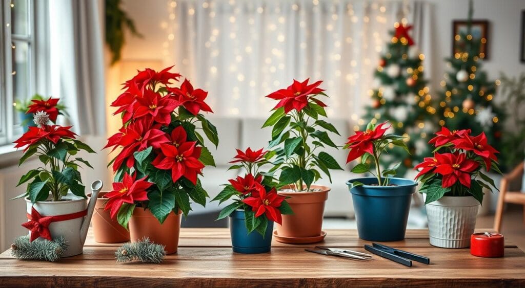 A cozy indoor setting showcasing a beautifully decorated Christmas plant care station. In the foreground, a wooden table adorned with colorful pots featuring vibrant poinsettias and festive decorations, accompanied by gardening tools like a watering can and pruning shears. In the middle, a soft light filters through a window, illuminating the lush green leaves and red blooms of the plants, enhancing their festive appeal. In the background, a softly lit living room decorated with twinkling fairy lights and a minimalist Christmas tree, creating a warm and inviting atmosphere. The scene conveys a sense of holiday cheer and emphasizes the importance of plant care during the festive season. The overall mood is bright and cheerful, perfect for celebrating the holiday spirit.
